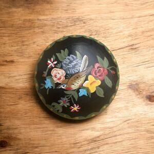 Small Round Hand Painted Vintage Wood Trinket Box Bird Floral Folk Art Homestead